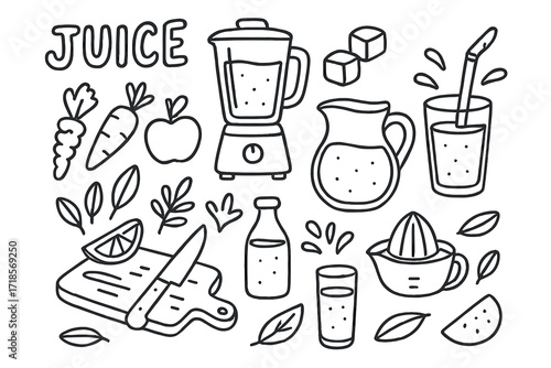 Juice Making Icons. Hand-drawn doodle illustration Juice preparation, blender, fruits, vegetables, pitcher, glass of juice, straw, ice cubes, leaves, bottle,