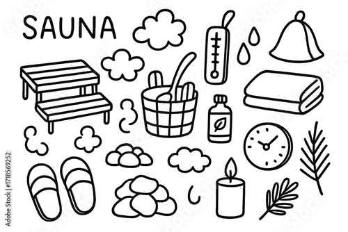 Sauna Essentials Doodle. Hand-drawn doodle illustration Sauna steam, sauna bench, steam clouds, wooden bucket, ladle, towel, sauna hat, thermometer, water