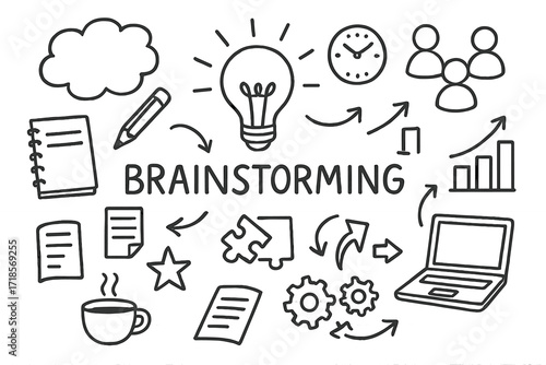 Creative Brainstorming Doodles. Hand-drawn doodle illustration brainstorming session light bulb, thought bubble, notebook, pencil, clock, people icons, arrows,