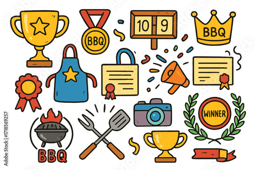 Colorful BBQ Awards. Colorful Hand-drawn doodle Children illustration BBQ competition trophies and awards golden trophy, medal, ribbon, BBQ crown, chef apron