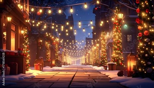 Festive winter street at night