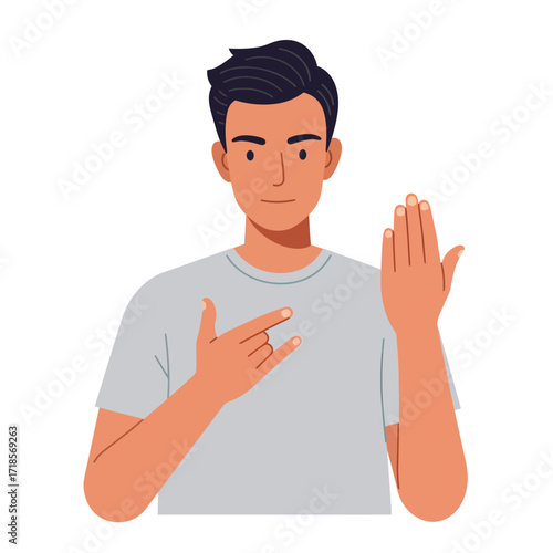 Young man demonstrating hand gestures, possibly sign language or a symbolic pose.