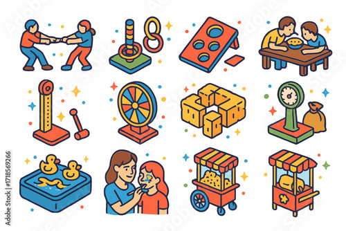 Rural Fair Game Icons. Colorful isometric vector icons set of rural fair games: tug of war, ring toss, bean bag throw, pie-eating contest, strongman bell,