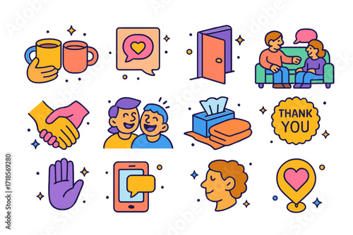 Supportive Conversations Icons. Colorful isometric vector icons set of supportive conversations: tea mug between friends, comforting quote card, open door