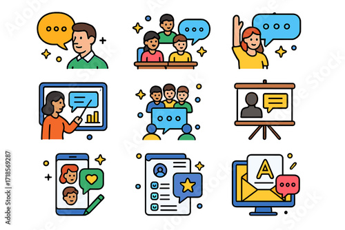 Educational Communication Icons. Colorful isometric vector icons set of communication in education: teacher with speech bubble, classroom discussion, student