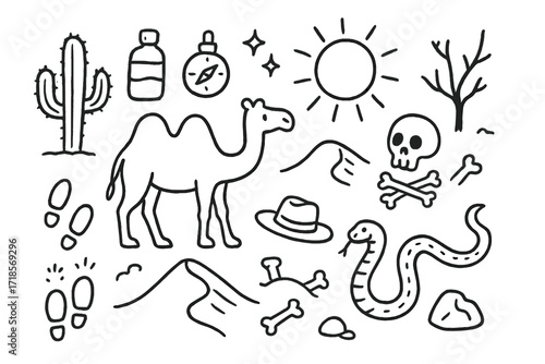 Desert Adventure Doodles. Hand-drawn doodle illustration Harsh Desert Journey [camel, cactus, sand dune, footprint, water bottle, compass, sun, skull, bones,