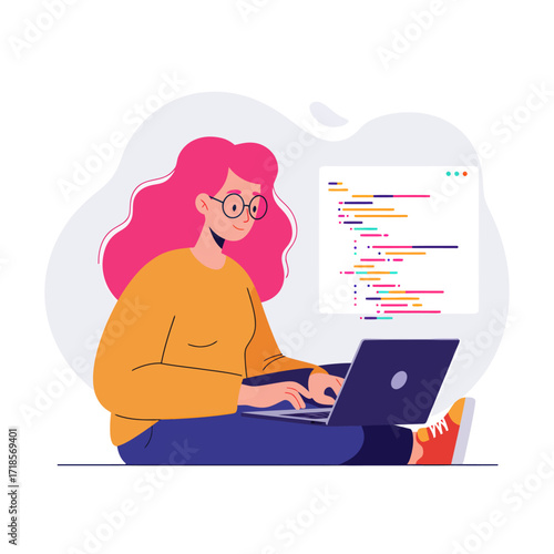 An illustration of a young woman with pink hair and glasses sitting on the floor, typing code on her laptop.