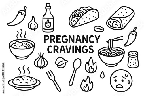 Spicy Cravings Doodles. Hand-drawn doodle illustration Pregnancy cravings spicy foods [chili pepper, hot sauce bottle, taco, burrito, curry bowl, ramen bowl,