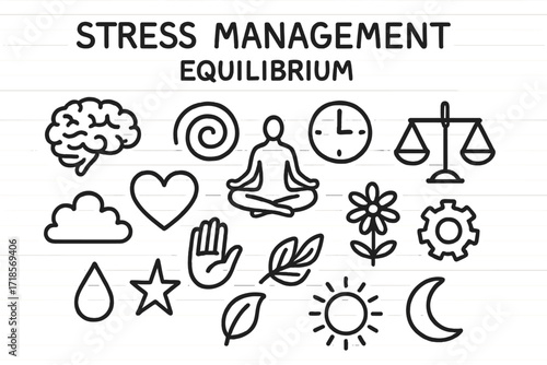 Stress Management Doodles. Hand-drawn doodle illustration Stress management equilibrium [brain, heart, yoga pose silhouette, clock, spiral, droplet, star,