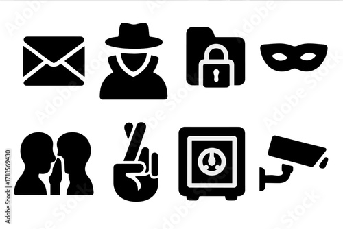 Scandal Icons Set. Solid, filled icon set of scandal cover-up: sealed envelope, shadow figure, locked file, disguise mask, whispering, crossed fingers, safe,