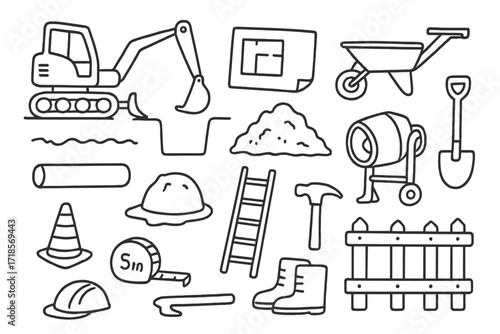 Construction Tools Doodle. Hand-drawn doodle illustration preparing foundation backhoe, trench, blueprint, wheelbarrow, shovel, dirt pile, pipe, ladder,