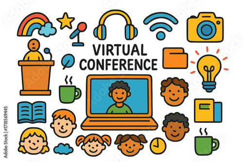 Virtual Conference Doodles. Colorful Hand-drawn doodle Children illustration Virtual Conference [computer, podium, microphone, headphones, audience faces,