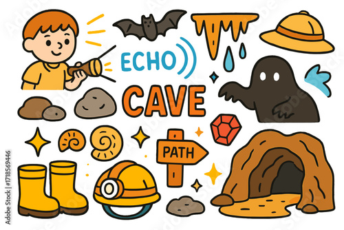 Children Exploring Cave Adventure. Colorful Hand-drawn doodle Children illustration Exploring a Cave flashlight, bat, stalactite, rock, dripping water, fossil,