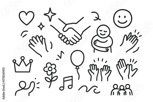 Audience Connection Doodles. Hand-drawn doodle illustration Audience connection [two hands holding, heart, star, smiley face, sparkle, hug figure, clapping