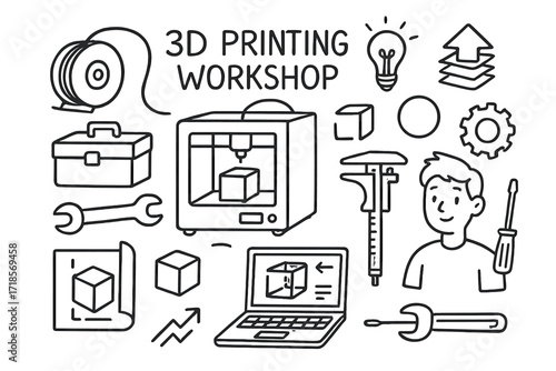 3D Printing Workshop Doodles. Hand-drawn doodle illustration 3D printing workshop 3D printer, filament spools, toolbox, wrench, caliper, screwdriver, laptop,