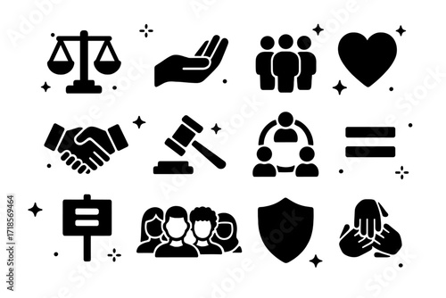 Symbols of Fairness. Fairness. Solid icons set of balanced scale, open hand, group of people, handshake, heart, justice hammer, inclusive circle, equality
