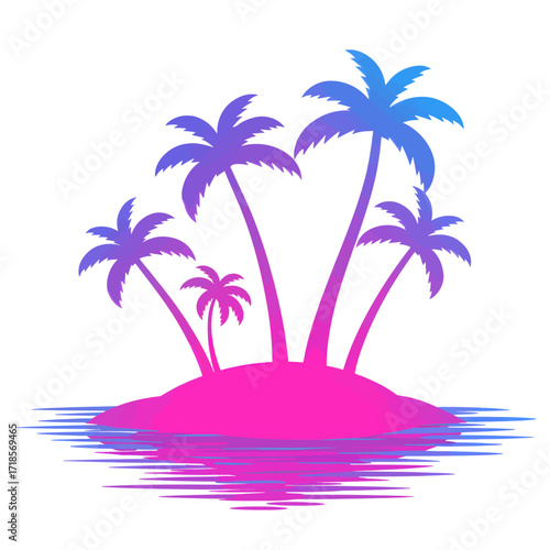Colorful stylized illustration of a tropical island with palm trees.