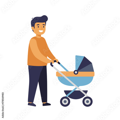 A smiling man happily pushing a blue and grey baby stroller with a child inside, depicted in a flat illustration style.
