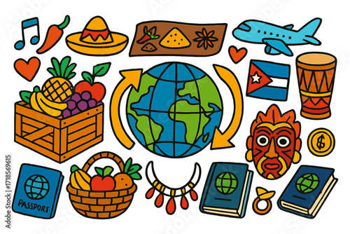 Global Trade Doodle. Colorful Hand-drawn doodle Children illustration Global trade and cultural sharing globe, crate, spices, hat, fruit basket, drum, jewelry,