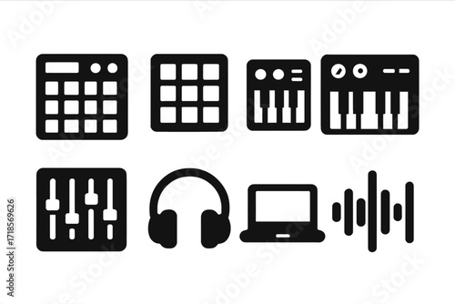 Beatmaker Tools Icon Set. Solid, filled icon set of beatmaker tools: drum machine, sampler, MIDI controller, synthesizer, mixer, headphones, laptop, sound