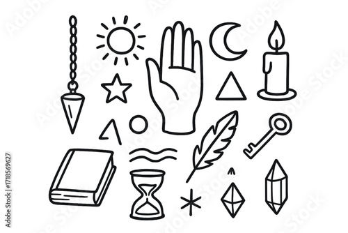 Mystical Doodle Elements. Hand-drawn doodle illustration pendulum divination pendulum, hand, chain, sun, moon, star, triangle, circle, candle, feather, book,