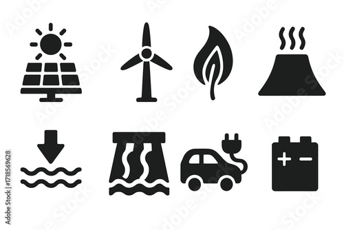 Renewable Energy Icons. Solid, filled icon set of renewable energy: solar panel, wind turbine, biomass, geothermal, tidal energy, hydroelectric dam, electric