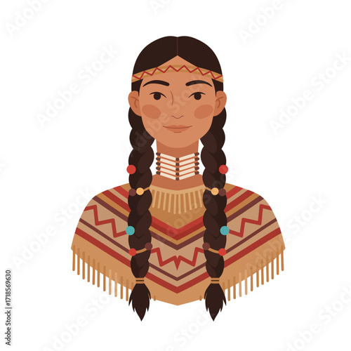 A portrait of a Native American woman with braids, adorned in traditional attire.