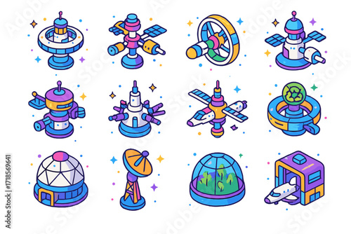 Futuristic Space Station Icons. Colorful isometric vector icons set of futuristic space stations: orbital habitat, refueling dock, ring colony, deep space lab,