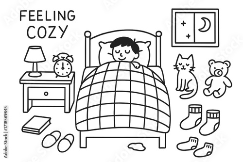 Cozy Night Doodle. Hand-drawn doodle illustration Feeling cozy, blanket, pillow, bed, person, nightstand, lamp, alarm clock, book, slippers, socks, cat, teddy