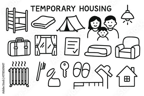 Temporary Housing Essentials. Hand-drawn doodle illustration [Temporary housing] [bunk bed, blanket, tent, family, lamp, suitcase, heater, window, paper form,