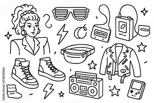 1980s Retro Doodle. Hand-drawn doodle illustration 1980s neon style [shoulder pads, walkman, cassette tape, high-top sneakers, neon glasses, big