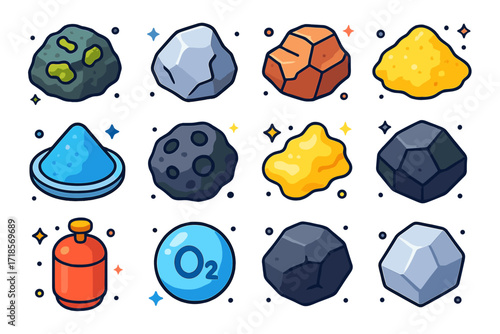 Isometric Element Icons. Colorful isometric vector icons set of naturally occurring elements: uranium rock, platinum nugget, copper ore, sulfur deposit, boron