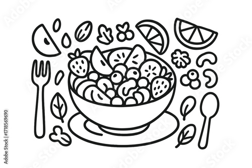 Fruit and Nuts Doodle. Hand-drawn doodle illustration fruit salad with nuts salad bowl, apple slices, orange wedges, banana slices, grapes, strawberries,