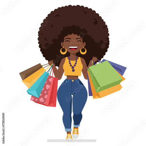 Happy Black woman with big afro joyfully carries numerous shopping bags after a successful shopping spree.