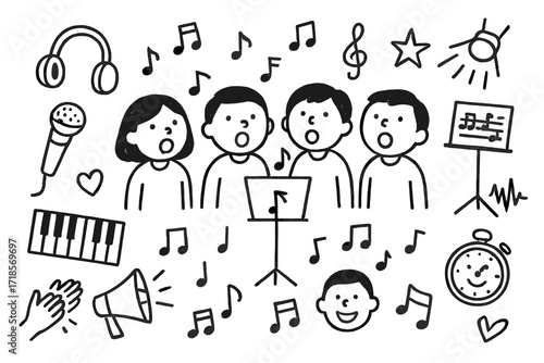 Choir Rehearsal Doodle. Hand-drawn doodle illustration Group singing practice choir of people, microphone, music stand, sheet music, treble clef, headphones,