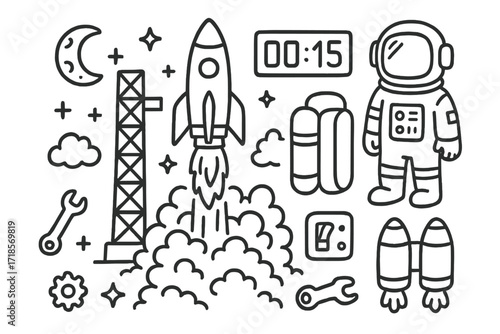 Cartoon Spaceship Launch Icons. Hand-drawn doodle illustration spaceship launch launchpad, rocket flames, smoke clouds, countdown clock, tower, astronaut suit,