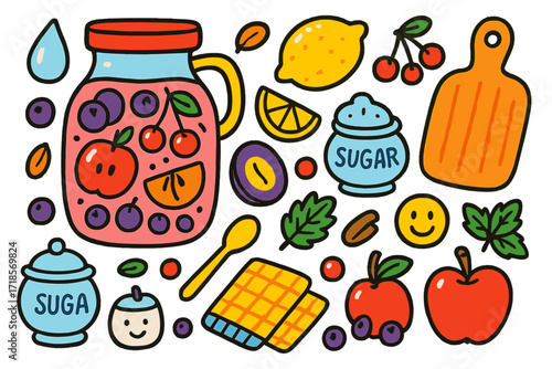Fruit Drink Ingredients. Colorful Hand-drawn doodle Children illustration Fruit drink ingredients jar of compote, cutting board, plum slice, lemon, cherry,