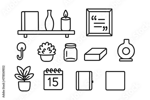 Minimalist Shelf Doodle. Hand-drawn doodle illustration Minimalist shelf arrangement [closed book, single vase, floating shelf, candle, framed quote, wall