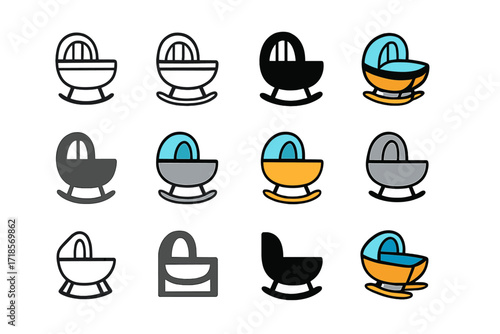 Parents' Joy Logos. Set Logo of Parents? Joy: Baby cradle. Logo set in vector style, emblematic variations. line, bold thick line, solid black filled, solid
