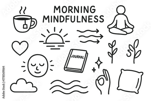 Morning Mindfulness Icons. Hand-drawn doodle illustration Morning mindfulness tea cup, sunrise, seated figure, breath icon, plant, journal, heart, light rays,