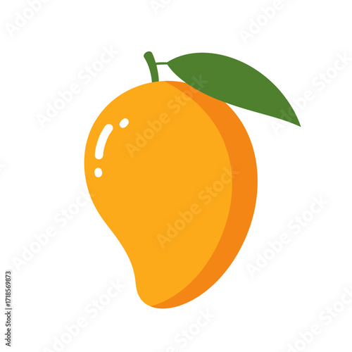 A vibrant, stylized illustration of a ripe, golden mango with a single green leaf attached to its stem, presented against a clean white background.