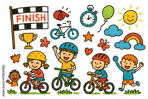 Children's Cycling Race. Colorful Hand-drawn doodle Children illustration cycling fun race finish flag, bicycle, trophy, whistle, stopwatch, helmet, star,