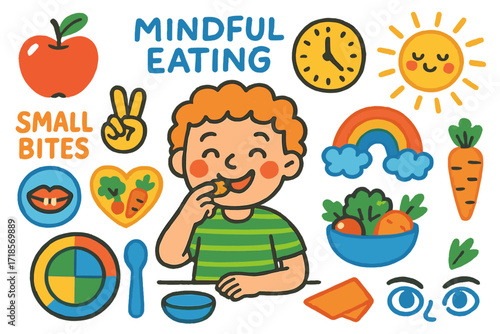 Mindful Eating Doodle. Colorful Hand-drawn doodle Children illustration Mindful eating smiling child, apple, slow clock, peace sign, small bites, food heart,
