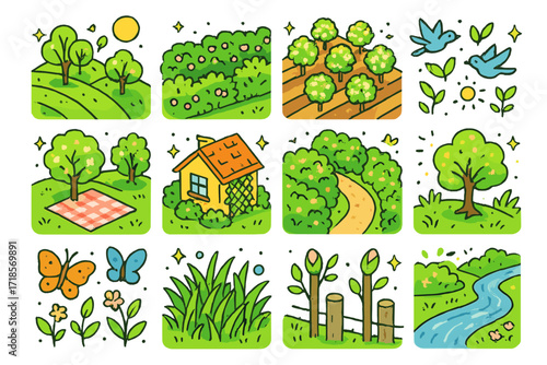 Blooming Countryside Icons. Colorful isometric vector icons set of Blooming countryside landscape: rolling hills with budding trees, green hedgerow, blossoming