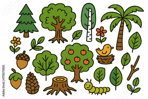 Vibrant Tree Doodles. Trees. Colorful Hand-drawn doodle Children illustration Trees pine tree, oak tree, birch tree, palm tree, apple tree, acorn, pinecone,