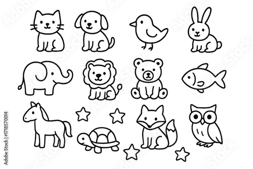 Animal Figurines Doodle. Animal figurines. Hand-drawn doodle illustration animal figurines cats, dogs, birds, rabbits, elephants, lions, bears, fish, horses,