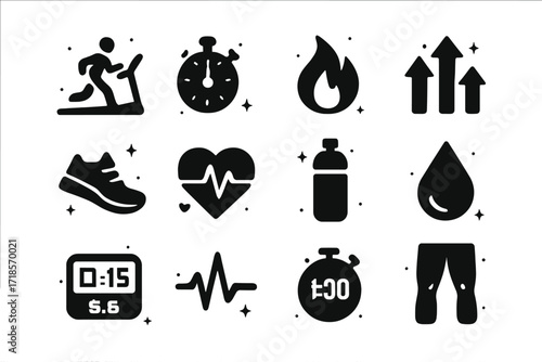 Endurance Training Icons. Endurance Training. Solid icons set of endurance training: treadmill runner, stopwatch, calorie burn, incline arrows, running shoes,