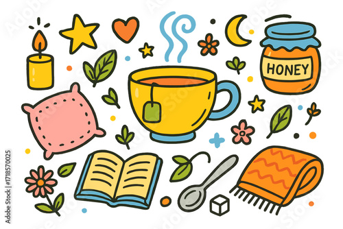 Cozy Tea Time Doodles. Relaxing tea. Colorful Hand-drawn doodle Children illustration teacup, pillow, candle, steam swirl, flower, tea leaf, star, heart, honey