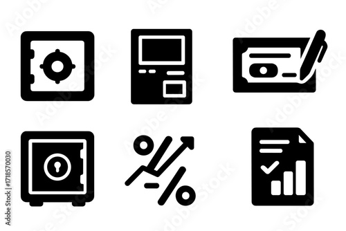 Banking Icon Set. Solid, filled icon set of banking and finance: bank vault, ATM machine, banknote, checkbook, safe deposit box, interest rate, loan document,