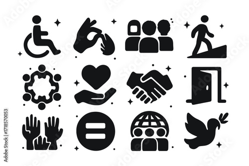 Inclusive Icon Set. Inclusion. Solid icons set of wheelchair symbol, sign language hand, diverse people, accessible ramp, inclusive circle, support heart,